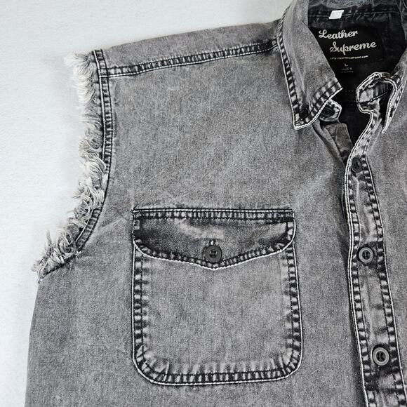 Y2K Denim Biker Vest Frio Canyon Motorcycle Texas Three Twisted Sisters Frayed L - Picture 4 of 10